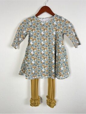 Sassy Siblings Girls Size 8 Floral Tunic Dress & Olive Gold Ruffle Leggings Set